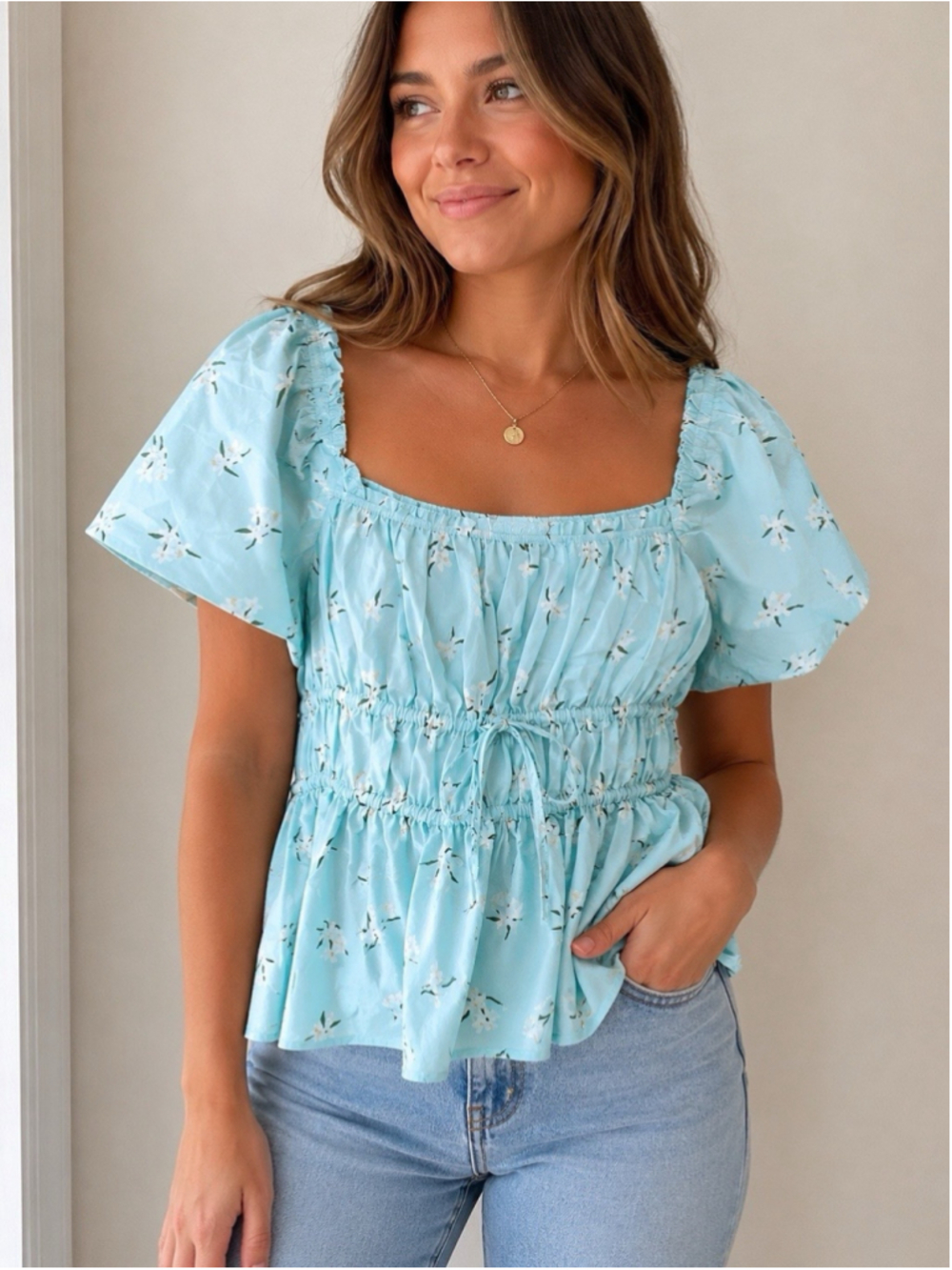 Kate Spade Floral Puff Sleeve Peplum Blouse Top Aqua Blue Women’s XL
